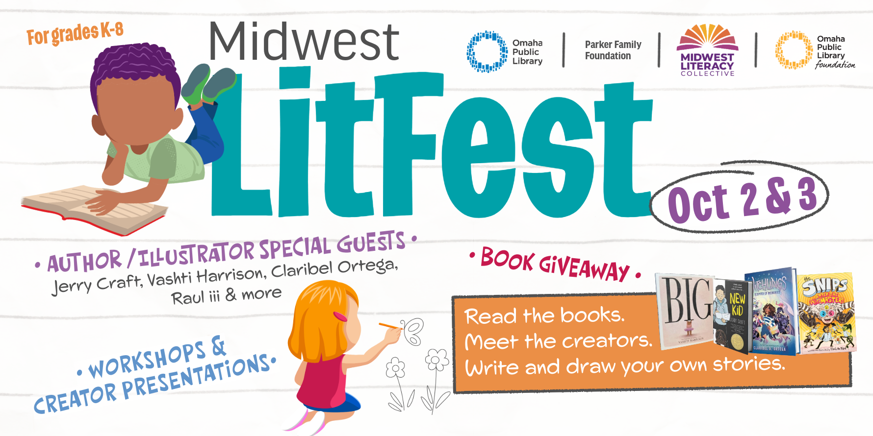 Graphic for Midwest Lit Fest which OPL is putting on Oct. 2 and 3. 