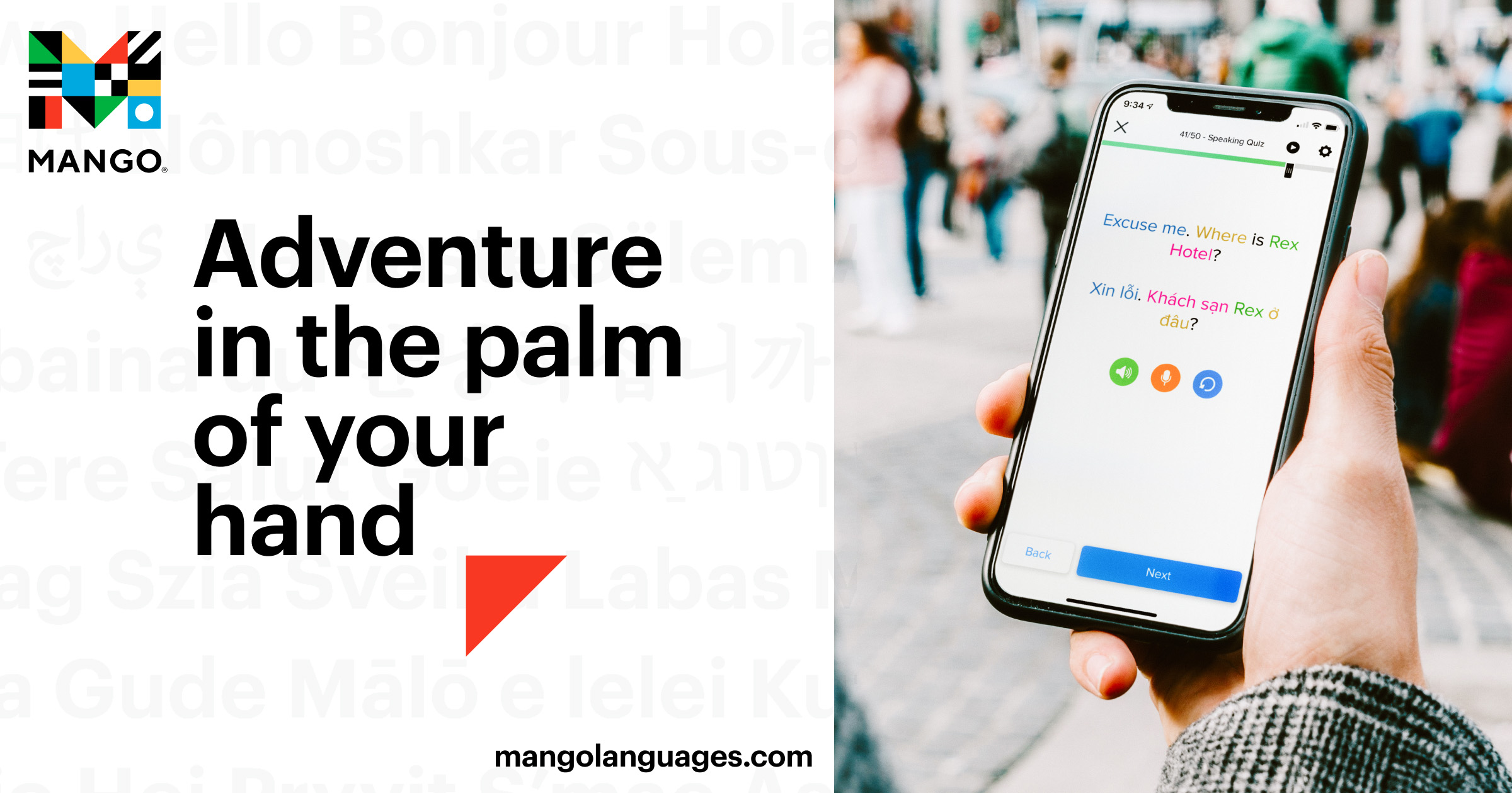 Graphic promoting Mango Languages that says, "Mango. Adventure in the palm of your hand. Mangolanguages.com"
