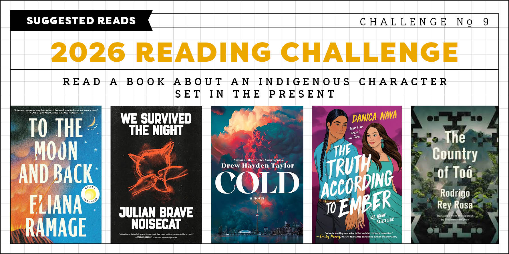 Promotional graphic for the eighth reading challenge of 2026 from OPL. It says, "Suggested reads. Challenge Number 8. 2026 Reading Challenge: Read a book about an indigenous character set in the present" and features five book covers that complete the prompt.
