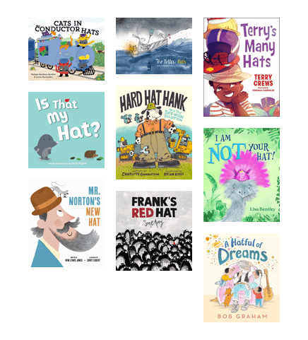 A collage of nine book covers for the book list "Omaha Picks: Hats!"
