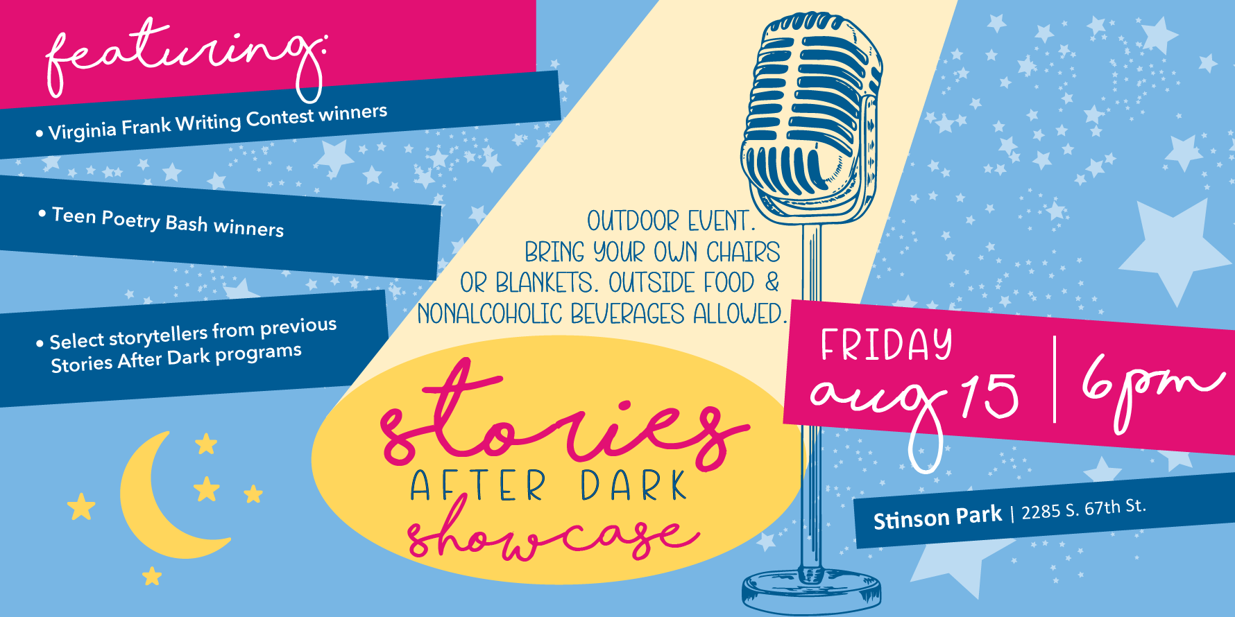 A graphic with images a microphone, spotlight, and twinkling stars that says 
